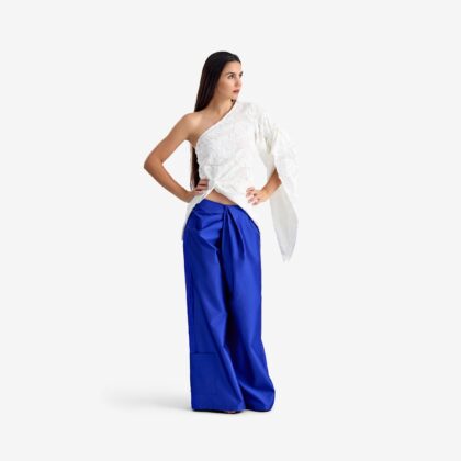 Caterpillar Blouse and Pants - This asymmetric embroidered cotton blouse features embroidery and a striking design.