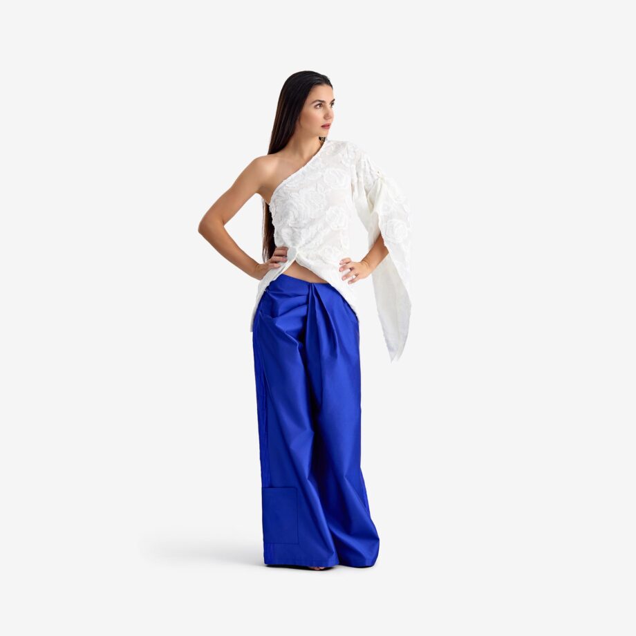 Caterpillar Blouse and Pants - This asymmetric embroidered cotton blouse features embroidery and a striking design.