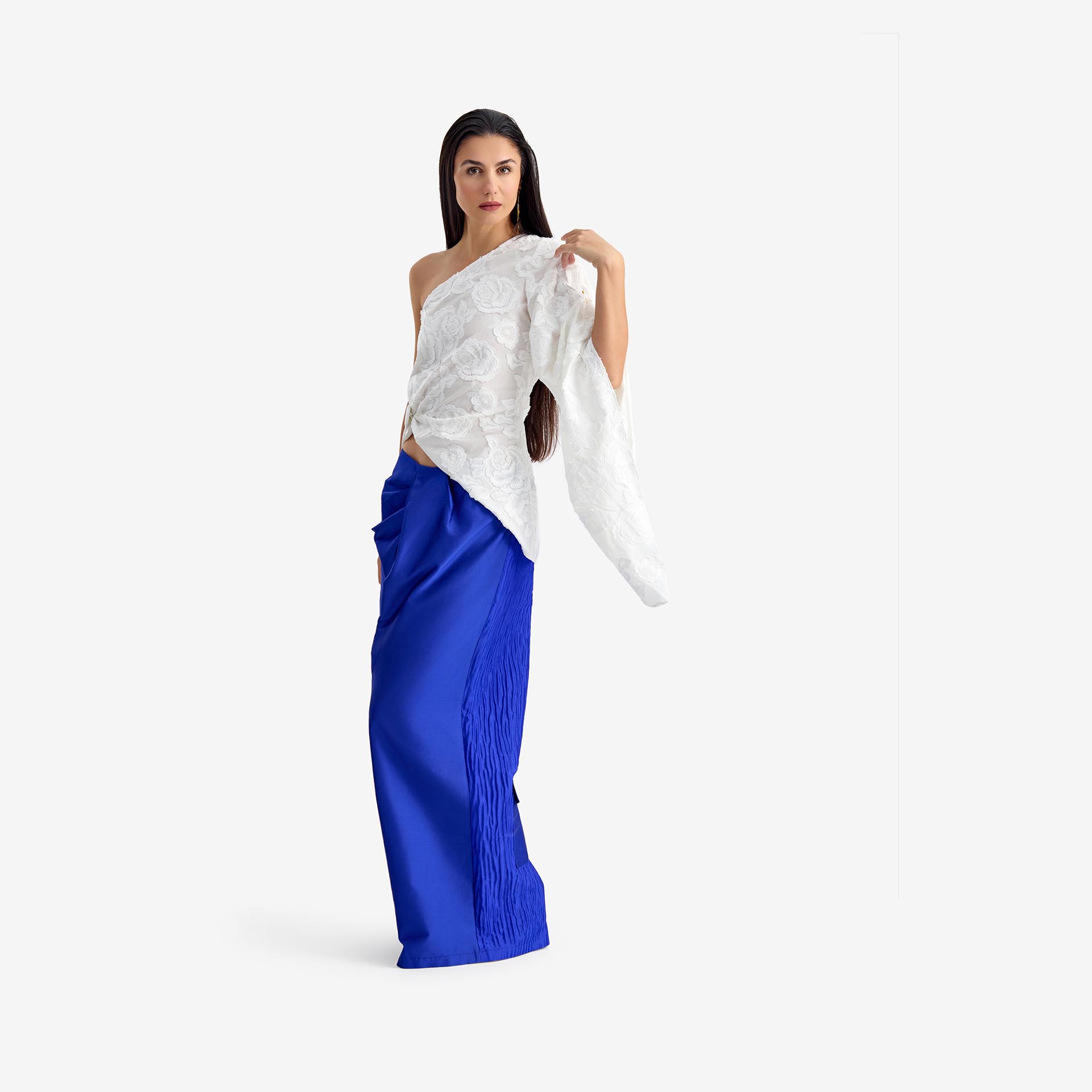 Caterpillar Blouse and Pants - This asymmetric embroidered cotton blouse features embroidery and a striking design.
