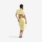 Caterpillar Dress Creamy yellow - This straight-cut midi dress features a clean silhouette with a round neckline and structured rectangular chest panels that add architectural depth.