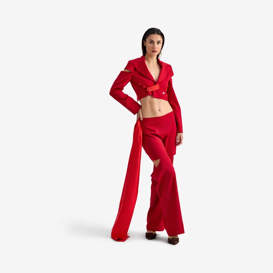 Caterpillar Jacket Red velvet - Cropped Jacket with Bold Cutouts and Open-BackThis cropped jacket features a contemporary silhouette. These high-waisted straight-leg pants feature a sleek design with standout details, including back slits for added movement and allure.