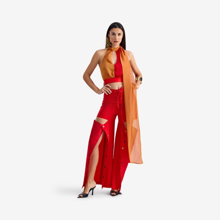 Caterpillar Top Red & Orange - This sheer halter crop top, crafted from ultra-fine chiffon, features a delicate halter neckline, creating a subtle yet striking statement.