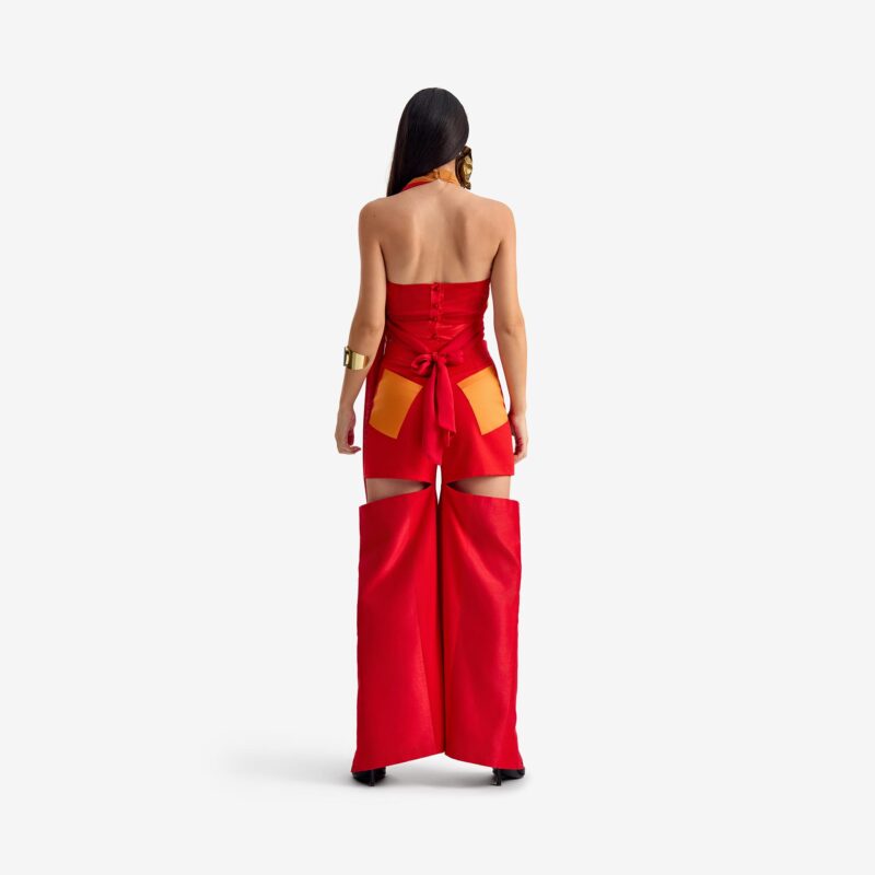 Caterpillar Top Red & Orange - This sheer halter crop top, crafted from ultra-fine chiffon, features a delicate halter neckline, creating a subtle yet striking statement.