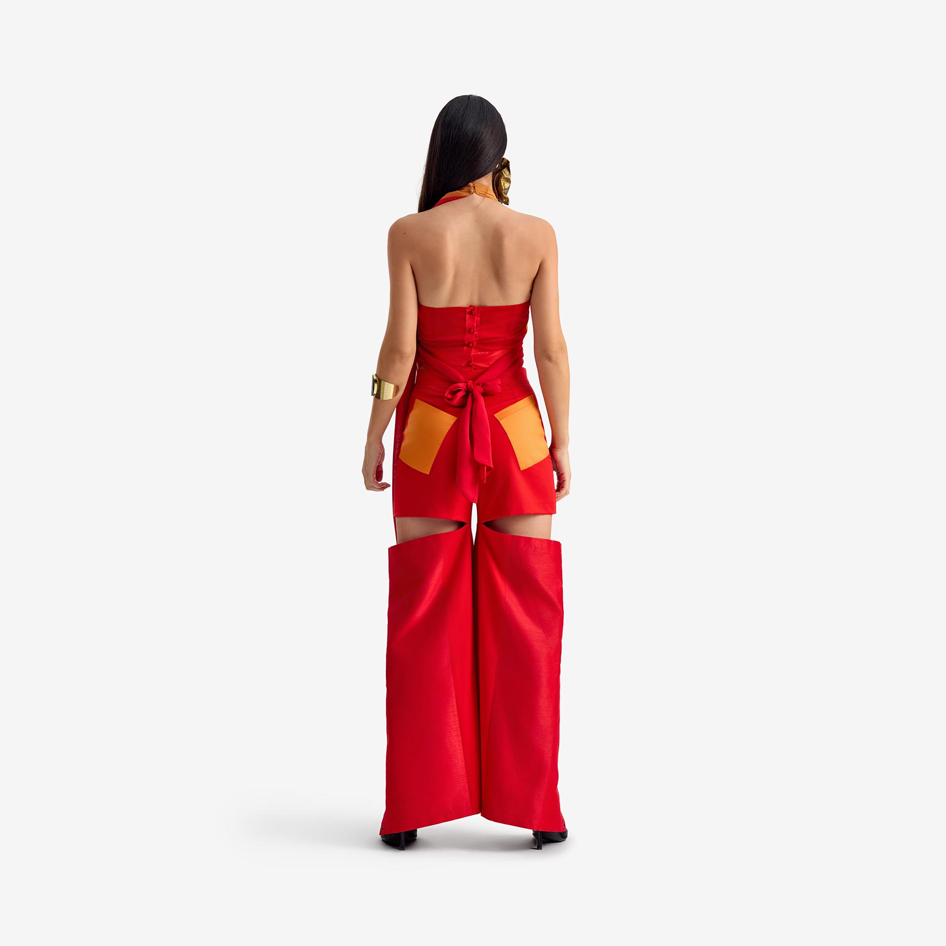 Caterpillar Top Red & Orange - This sheer halter crop top, crafted from ultra-fine chiffon, features a delicate halter neckline, creating a subtle yet striking statement.