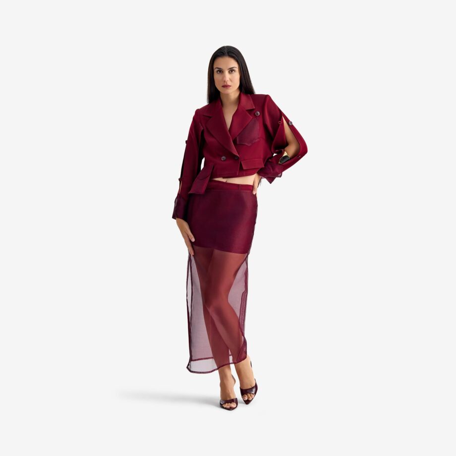 Silk Nest Jacket Burgundi - This cropped jacket blends crepe and organza for a striking wearable silhouette.