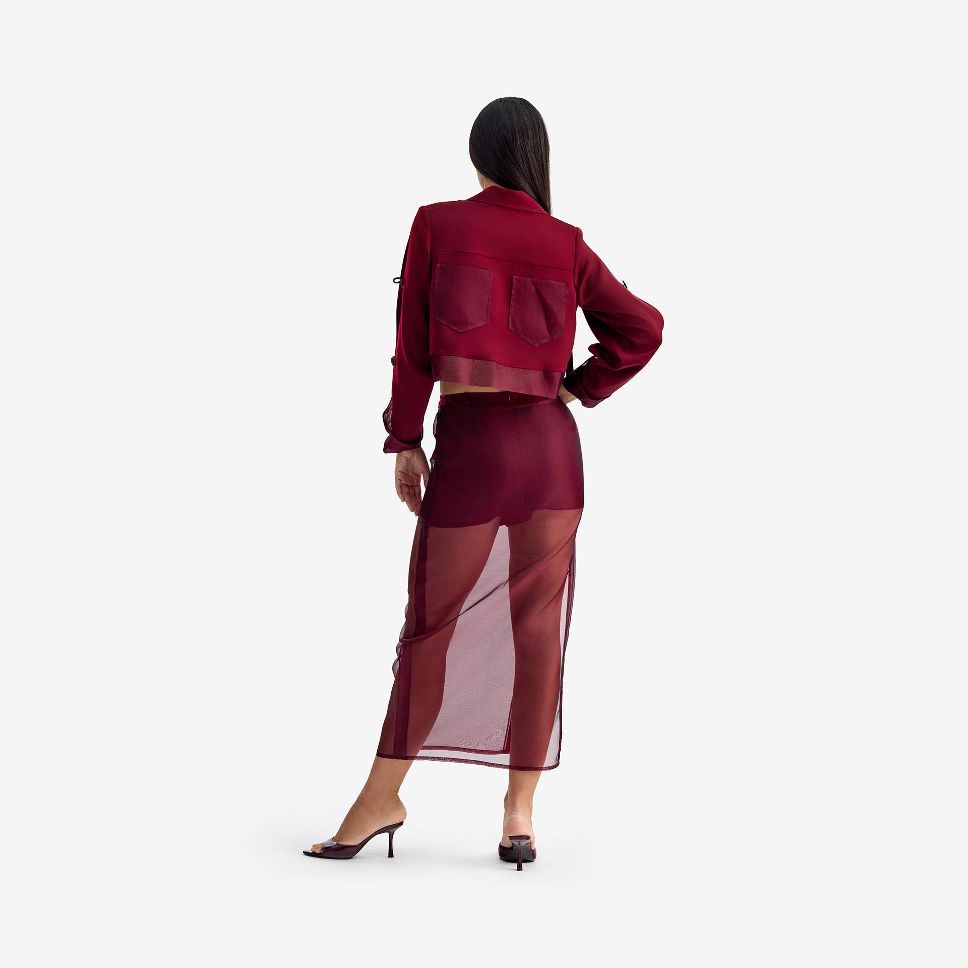 Silk Nest Jacket Burgundi - This cropped jacket blends crepe and organza for a striking wearable silhouette.